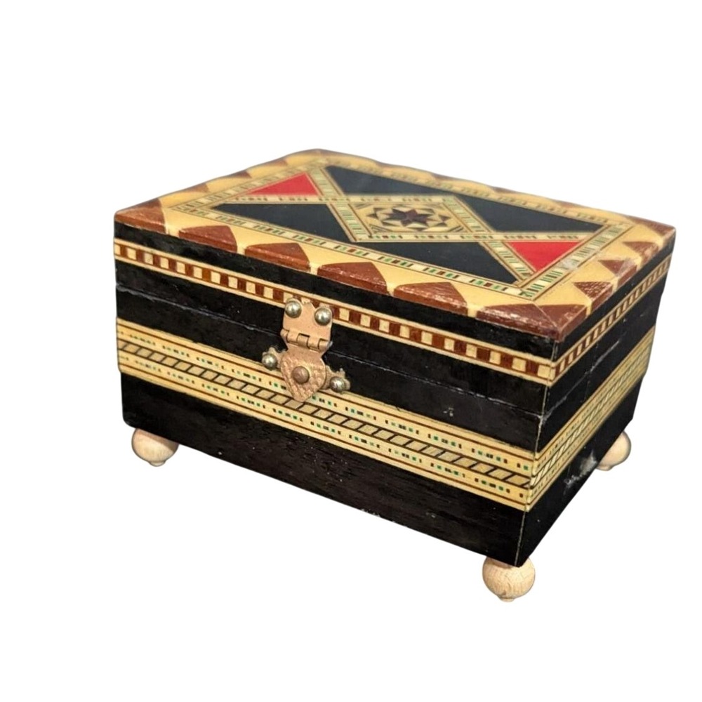 Vintage Wooden Trinket Jewelry‎ Box Inlaid Geometric Toyo Music Box Handcrafted